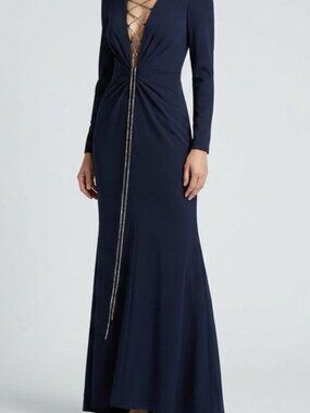 Talbot Runhof Women's Blue Cady Crystal Lace-Up Plunge Gown Dress Size 4